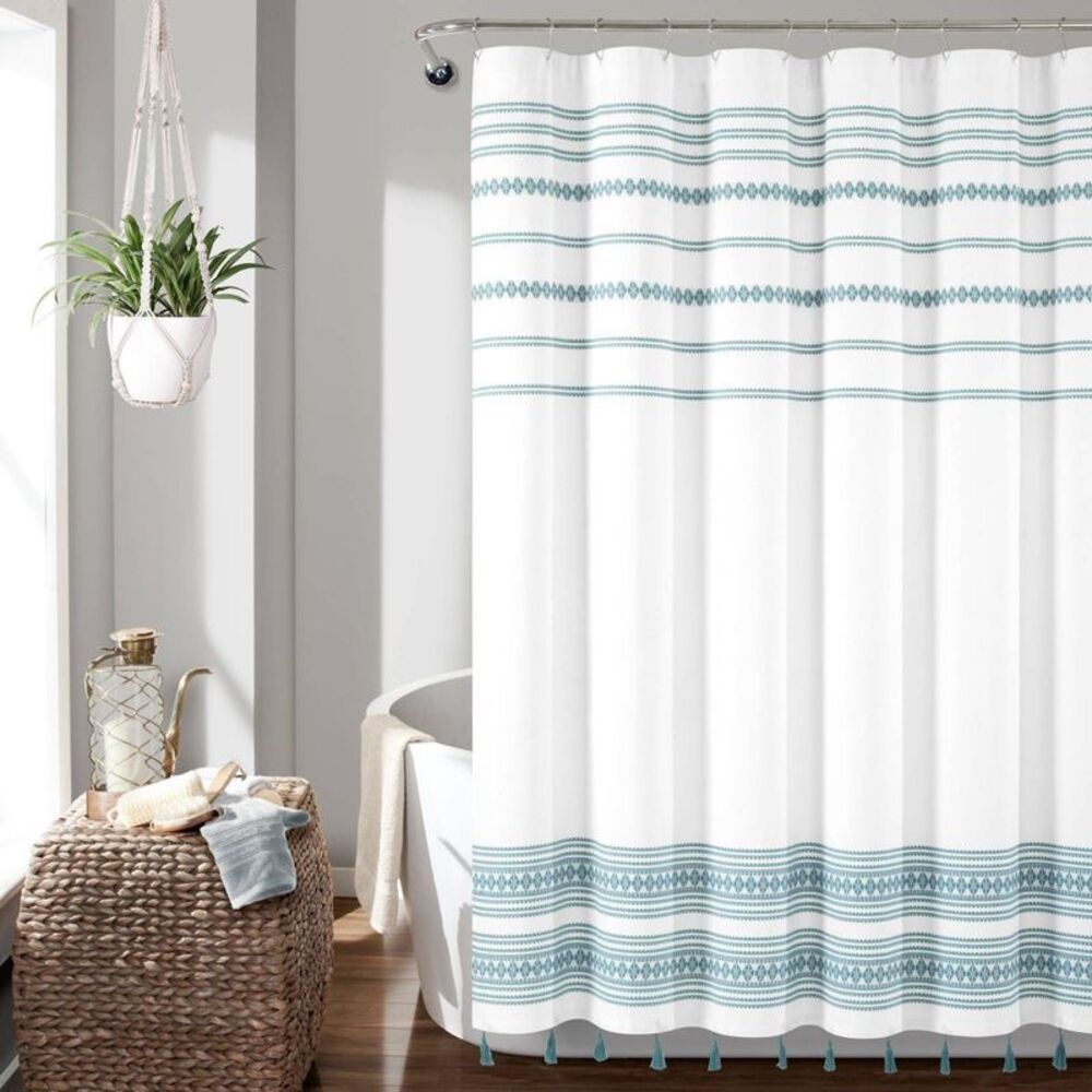 72"x72" Breezy Chic Tassel Jacquard Cotton Shower Curtain - Blue